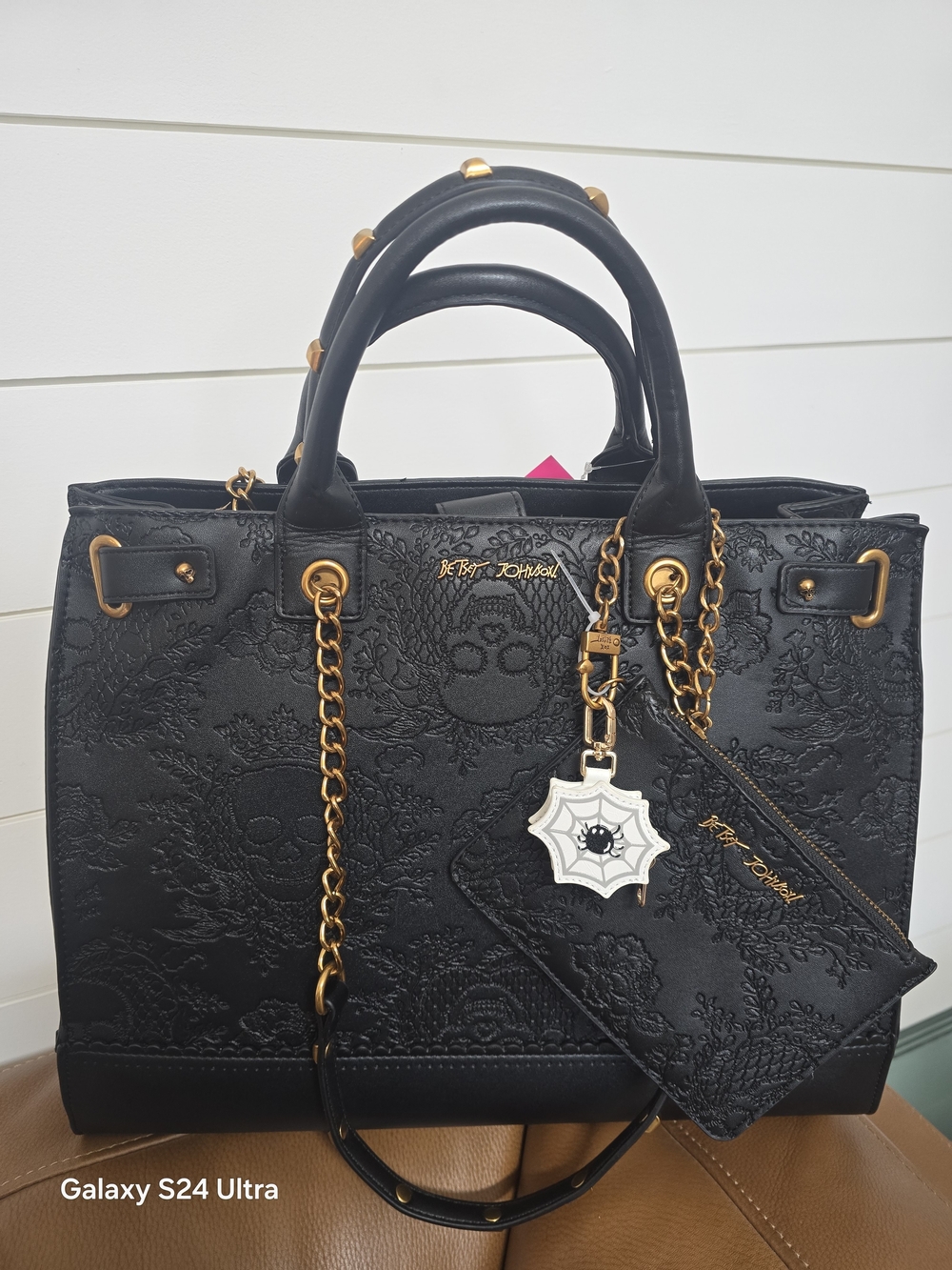 Betsey Johnson Black Embossed Lace Tote with Gold Chain Accents